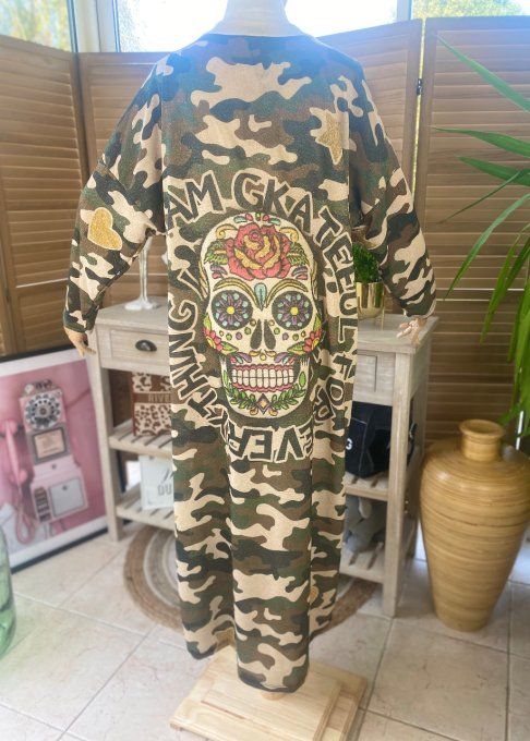 Robe longue camouflage pailleté doré or Mexican Skulls Calavera du 42 au 50