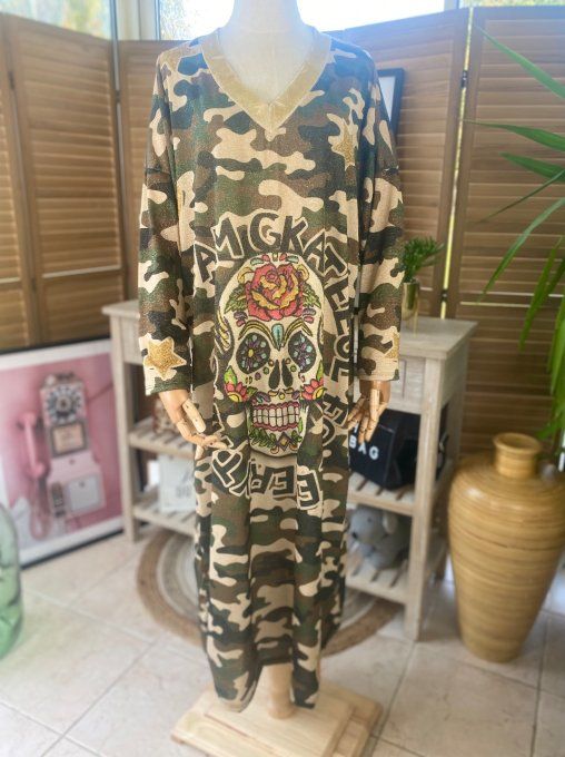 Robe longue camouflage pailleté doré or Mexican Skulls Calavera du 42 au 50