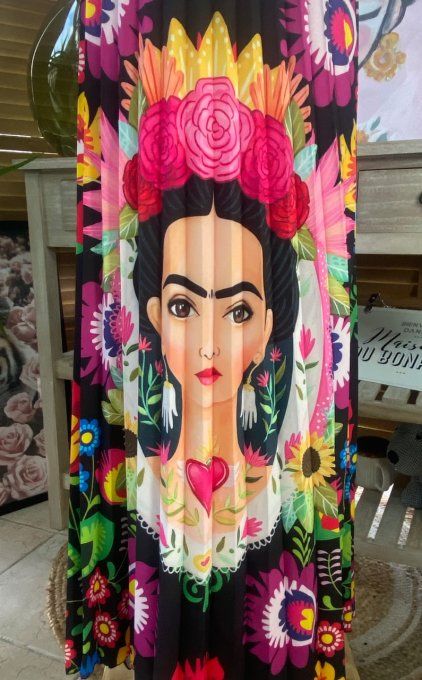 Jupe plissée longue ample noire Frida Kahlo aux Fleurs du 38 au 46 