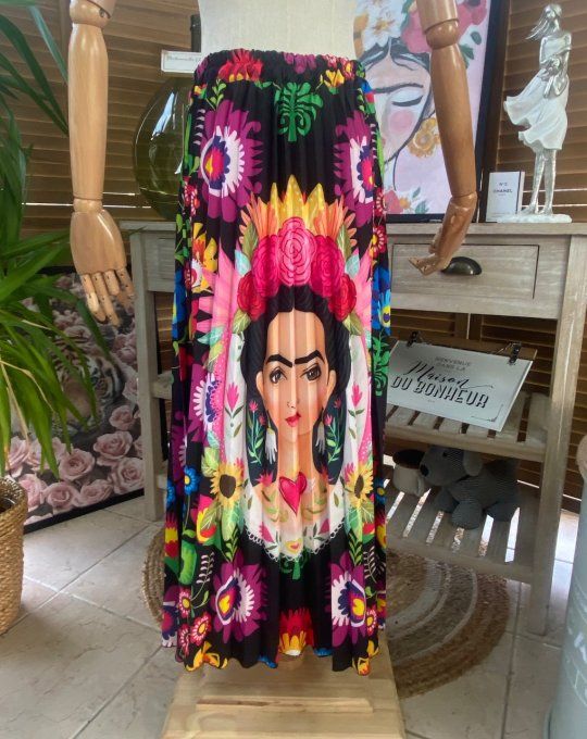 Jupe plissée longue ample noire Frida Kahlo aux Fleurs du 38 au 46 