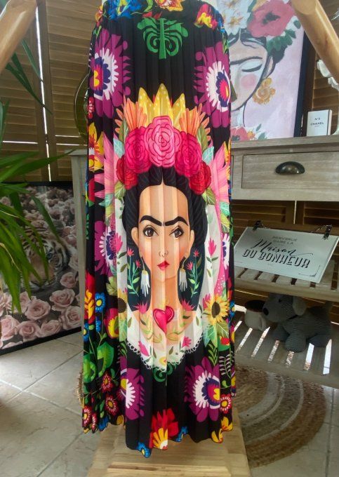 Jupe plissée longue ample noire Frida Kahlo aux Fleurs du 38 au 46 