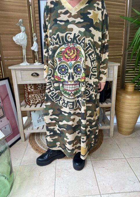 Robe longue camouflage pailleté doré or Mexican Skulls Calavera du 42 au 50