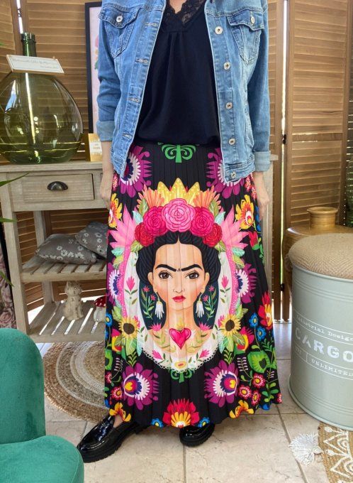 Jupe plissée longue ample noire Frida Kahlo aux Fleurs du 38 au 46 