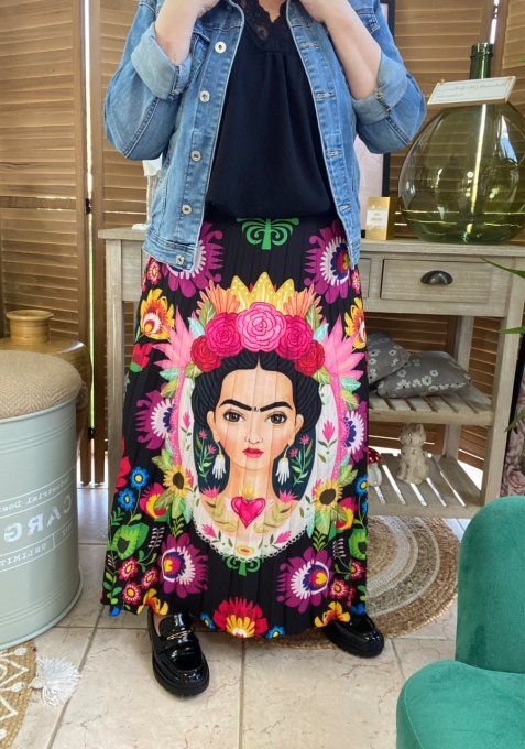 Jupe plissée longue ample noire Frida Kahlo aux Fleurs du 38 au 46 