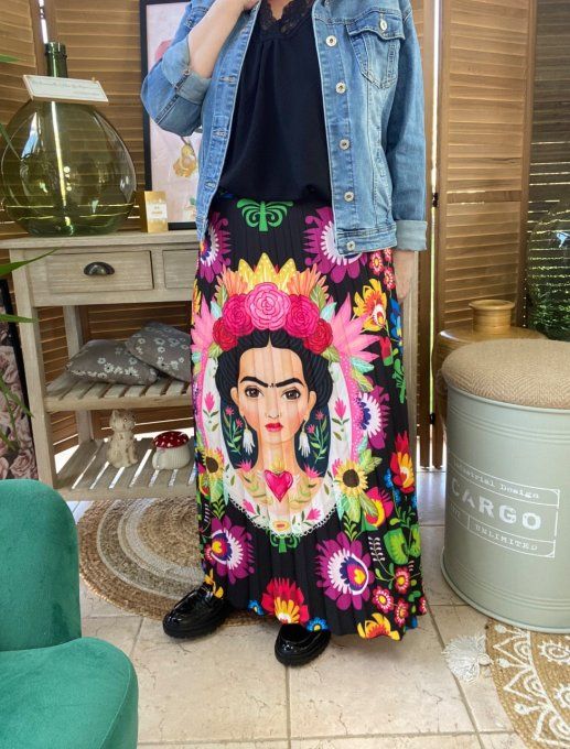 Jupe plissée longue ample noire Frida Kahlo aux Fleurs du 38 au 46 