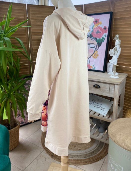 Top sweat à capuche long ou robe courte beige Summer Pretty Girl du 40 au 52