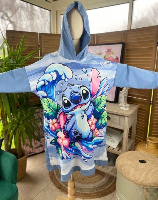 Top sweat à capuche long ou robe courte bleu jeans clair Stitch. Surf in Hawaii du 40 au 52  