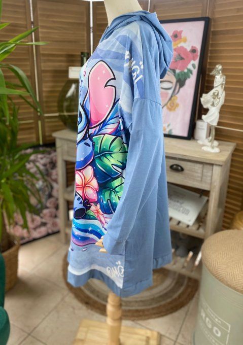 Top sweat à capuche long ou robe courte bleu jeans clair Stitch. Surf in Hawaii du 40 au 52  