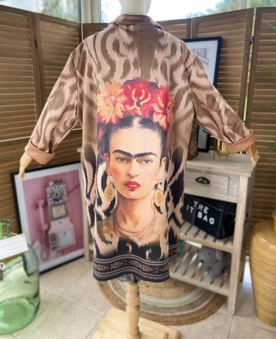 Veste longue suédine beige zébrée Frida Kahlo aux fleurs du 42 au 52 et même +  