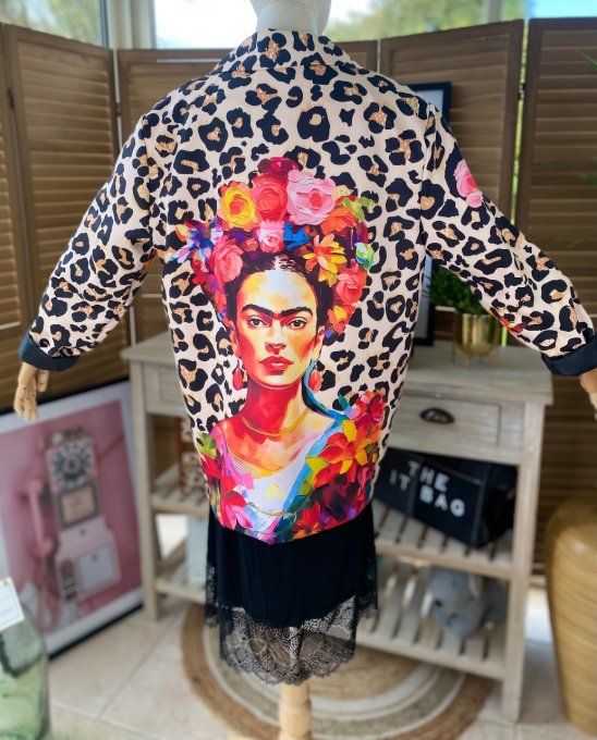 Veste blazer léopard Frida Kahlo aux fleurs du 38 au 46/48