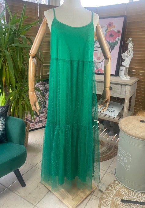 Fond de robe long tulle vert Gucci et plumetis  bretelles réglables du 38 au 46/48