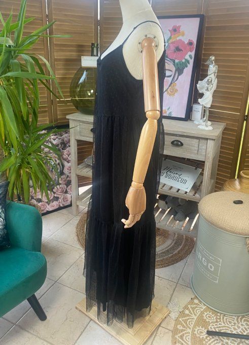 Fond de robe long tulle noir et plumetis  bretelles réglables du 38 au 46/48 