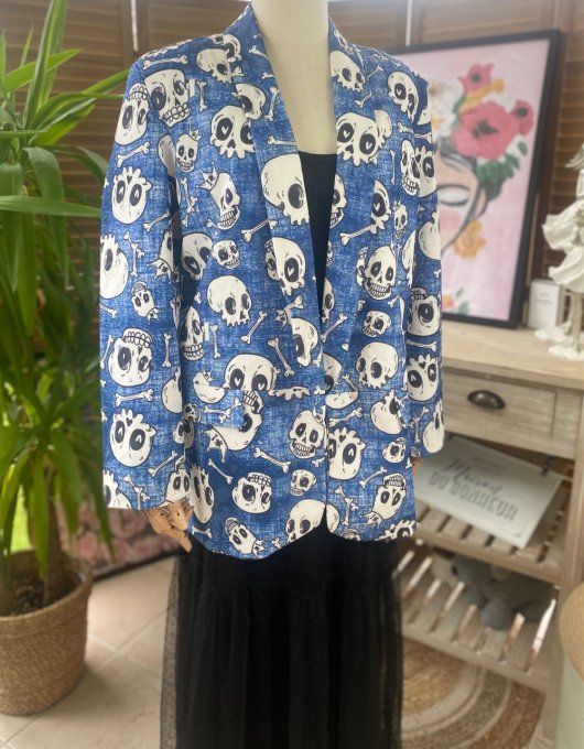 Veste blazer effet jeans délavé doublée Skulls All Over du 38 au 46/48