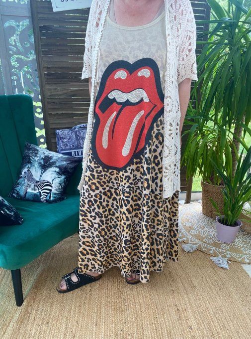 Robe trapèze longue lurex pailleté doré Rolling Stones strass argentés du 40 au 48/50