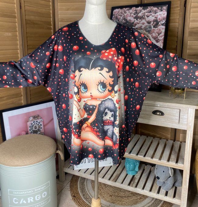 Pull fin ample molletonné noir Betty Boop & Pudgy du 40 au 52 et même + 