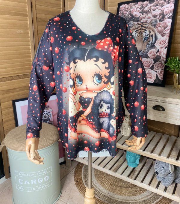 Pull fin ample molletonné noir Betty Boop & Pudgy du 40 au 52 et même + 