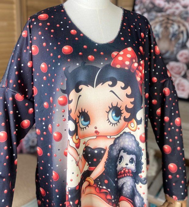 Pull fin ample molletonné noir Betty Boop & Pudgy du 40 au 52 et même + 