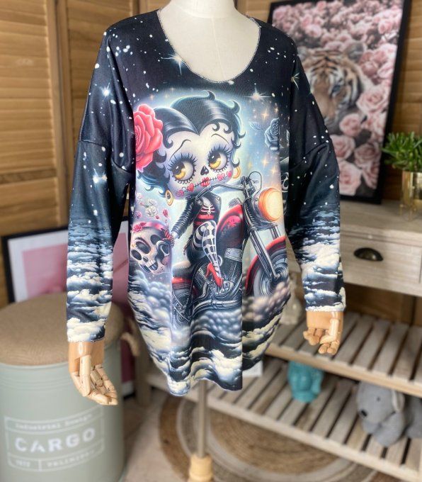 Pull fin ample molletonné noir Betty Boop Gothic Girl du 40 au 52 et même +  