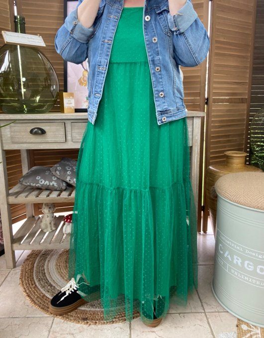 Fond de robe long tulle vert Gucci et plumetis  bretelles réglables du 38 au 46/48