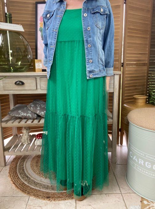 Fond de robe long tulle vert Gucci et plumetis  bretelles réglables du 38 au 46/48