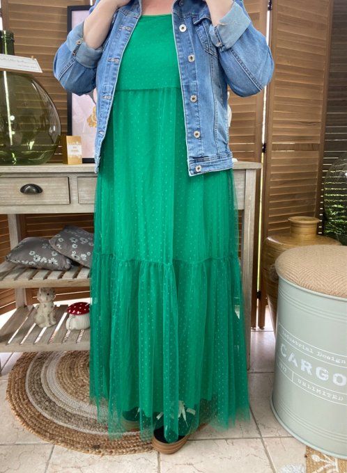 Fond de robe long tulle vert Gucci et plumetis  bretelles réglables du 38 au 46/48