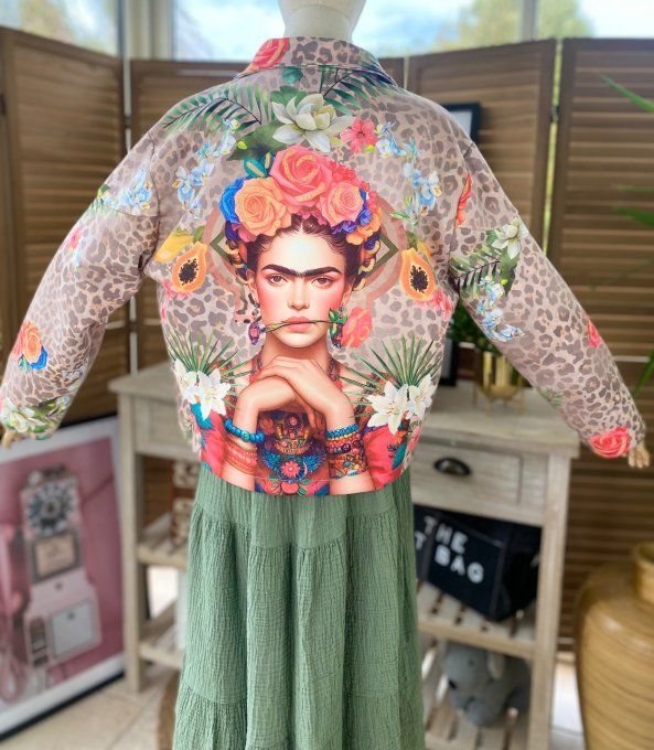 Veste courte façon perfecto suédine léopard Frida Kahlo aux fleurs du 36 au 46  