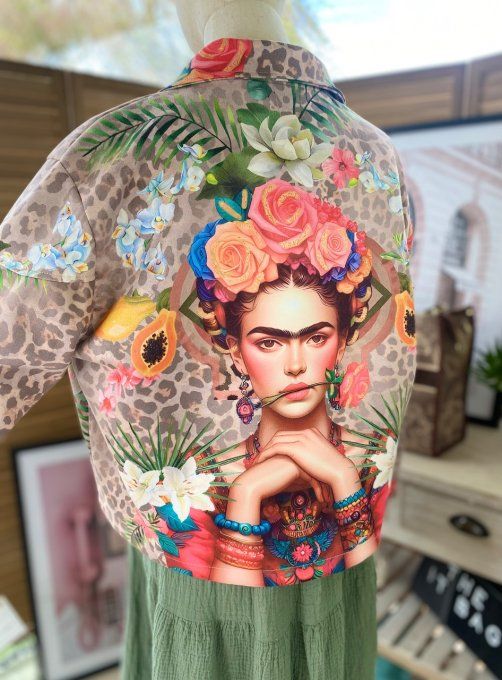 Veste courte façon perfecto suédine léopard Frida Kahlo aux fleurs du 36 au 46  