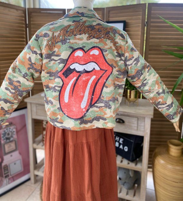 Veste courte façon perfecto suédine camouflage Rolling Stones du 36 au 46 