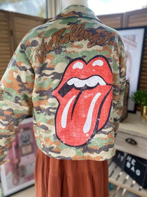 Veste courte façon perfecto suédine camouflage Rolling Stones du 36 au 46 