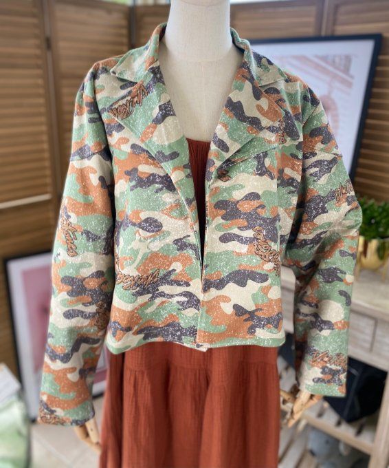 Veste courte façon perfecto suédine camouflage Rolling Stones du 36 au 46 