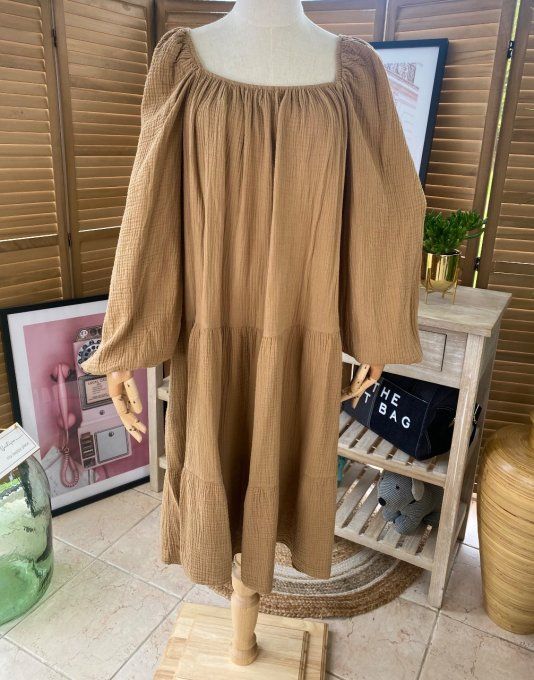 Robe trapèze gaze de coton camel du 40 au 48/50