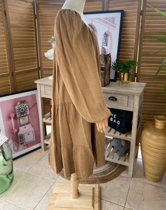 Robe trapèze gaze de coton camel du 40 au 48/50