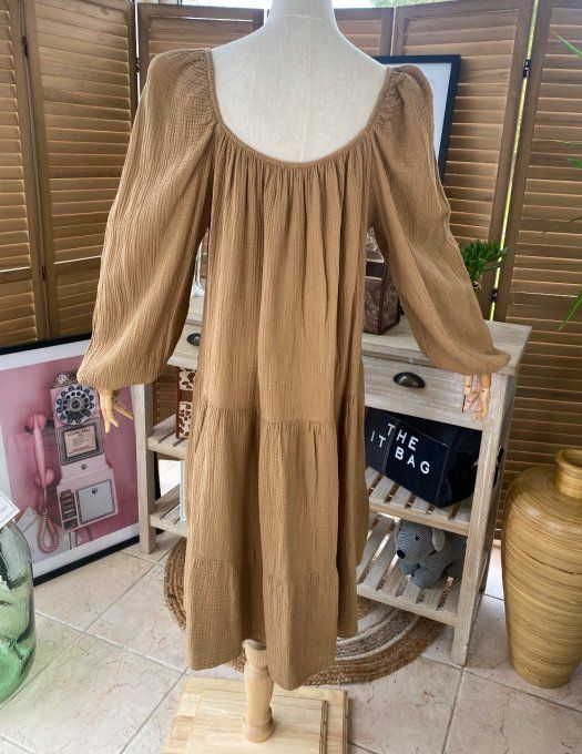 Robe trapèze gaze de coton camel du 40 au 48/50