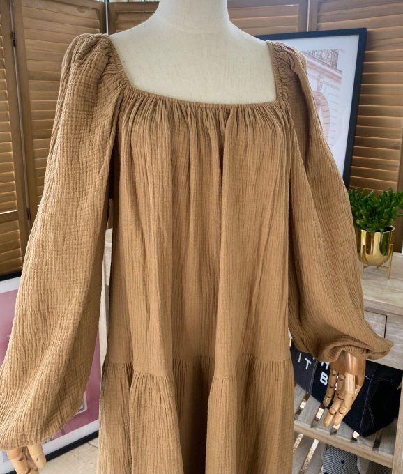 Robe trapèze gaze de coton camel du 40 au 48/50