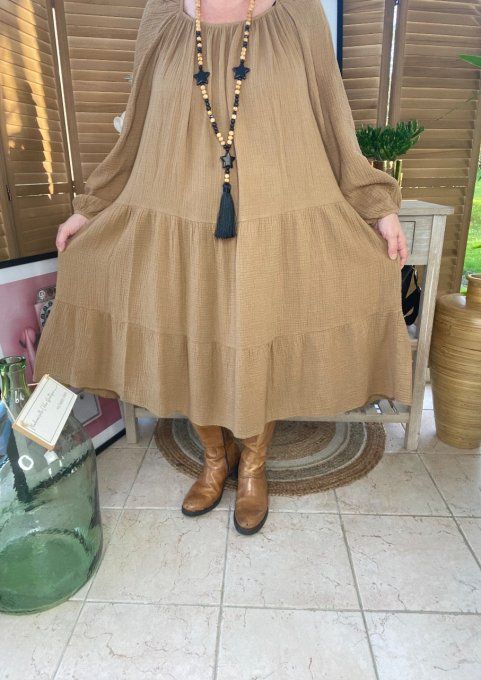 Robe trapèze gaze de coton camel du 40 au 48/50