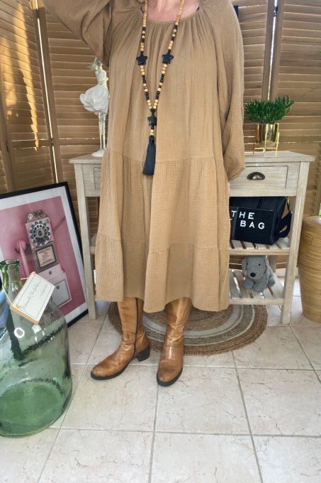 Robe trapèze gaze de coton camel du 40 au 48/50