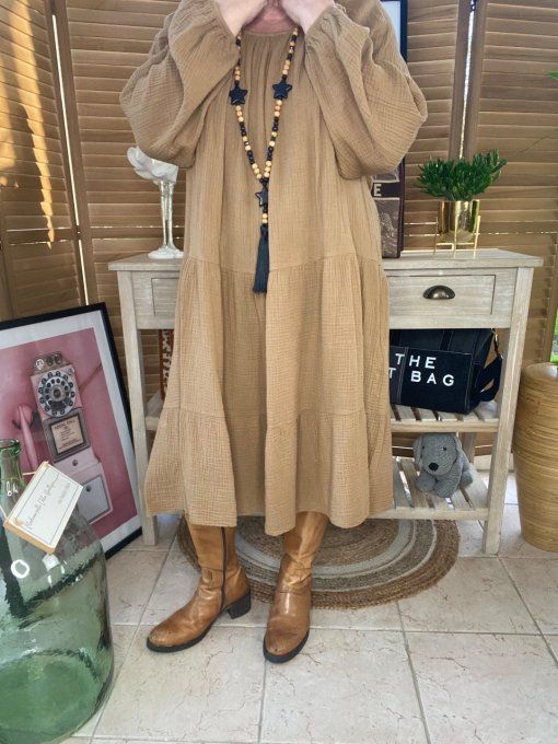 Robe trapèze gaze de coton camel du 40 au 48/50