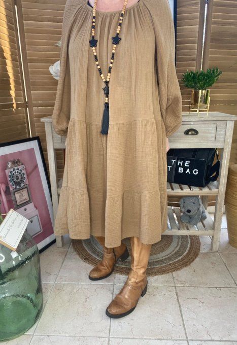 Robe trapèze gaze de coton camel du 40 au 48/50