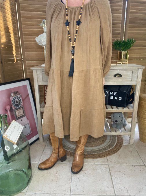 Robe trapèze gaze de coton camel du 40 au 48/50