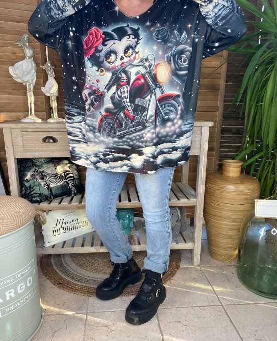 Pull fin ample molletonné noir Betty Boop Gothic Girl du 40 au 52 et même +  