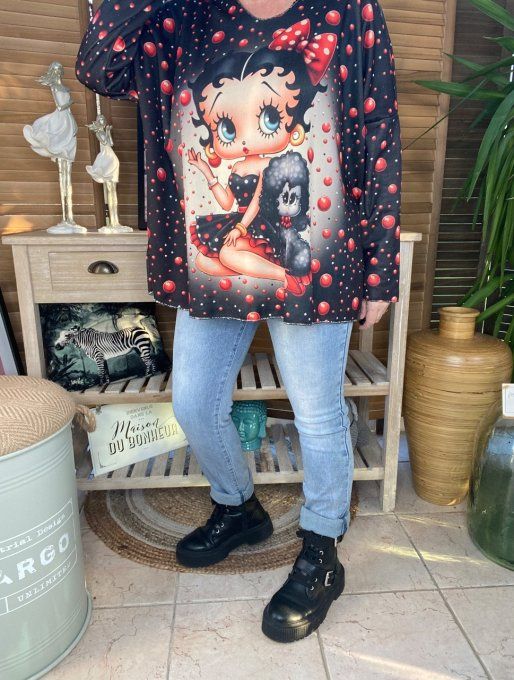 Pull fin ample molletonné noir Betty Boop & Pudgy du 40 au 52 et même + 