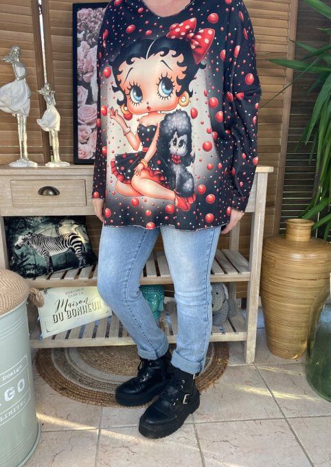 Pull fin ample molletonné noir Betty Boop & Pudgy du 40 au 52 et même + 