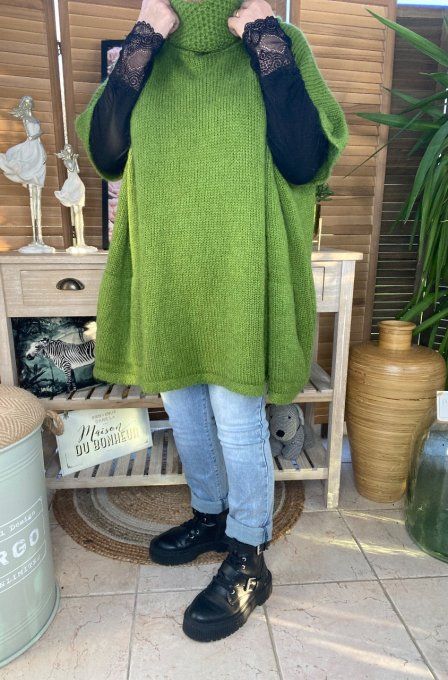 pull oversize vert Olive Mohair col boule roulé sans manches douceur +++ du 42 au 54/56