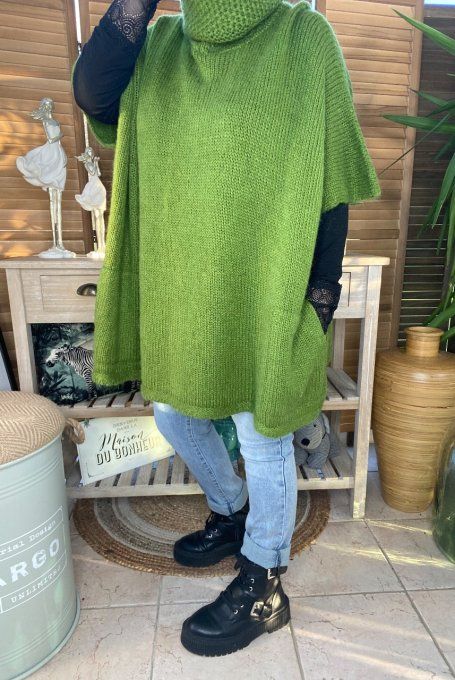 pull oversize vert Olive Mohair col boule roulé sans manches douceur +++ du 42 au 54/56