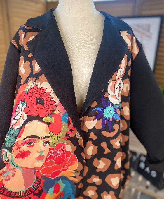 Veste blazer longue ample noire et Léopard Frida Kahlo du 42 au 50/52 et + 