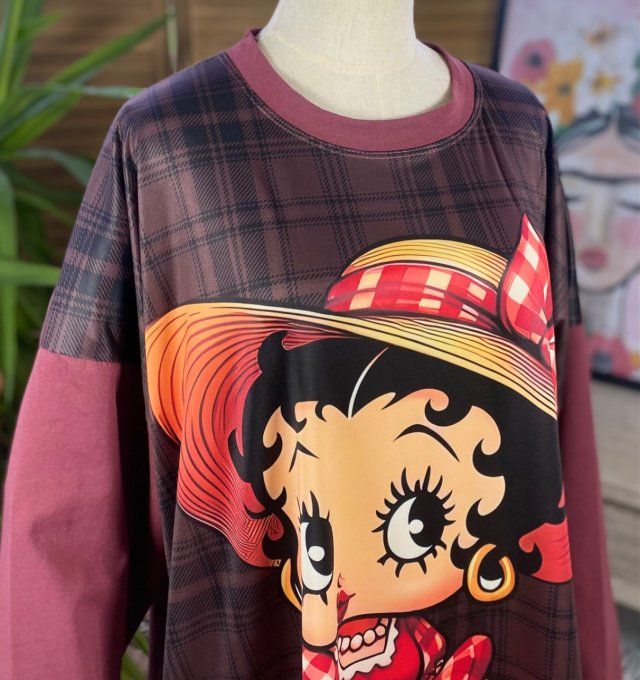 Sweat ample Lie de Vin carreaux Betty Boop Country Girl du 40 au 50/52