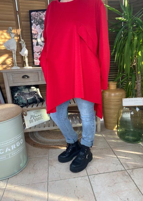 Tunique trapèze asymétrique oversize rouge du 42 au 52/54