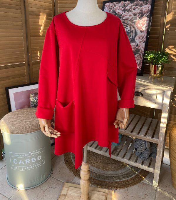 Tunique trapèze asymétrique oversize rouge du 42 au 52/54