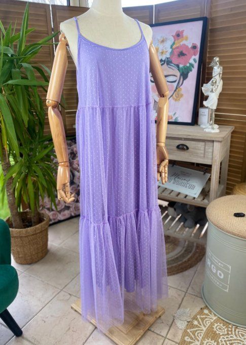 Fond de robe long tulle Lilas et plumetis  bretelles réglables du 38 au 46/48  