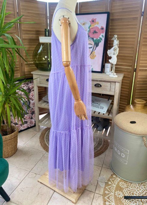 Fond de robe long tulle Lilas et plumetis  bretelles réglables du 38 au 46/48  